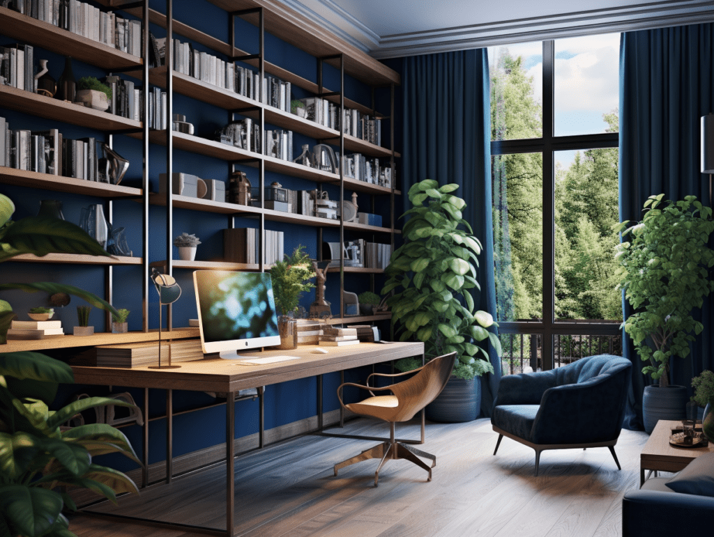 The Arcadian, a home office, is adorned with blue walls and bookshelves.