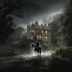 A man riding a horse in front of a house in the rain.