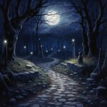 A painting of a dark path in the woods.