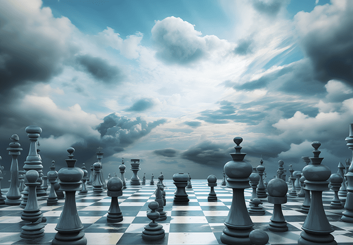 Chess pieces on a chess board under a cloudy sky.