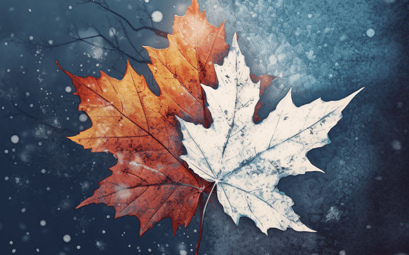 Two maple leaves on a snowy background.